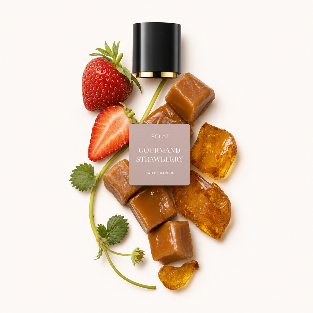Una disposizione di cubetti di caramello, una fragola affettata con foglie e frammenti di zucchero color ambra circonda un tappo nero con etichetta ÉCLAT Gourmand Strawberry.