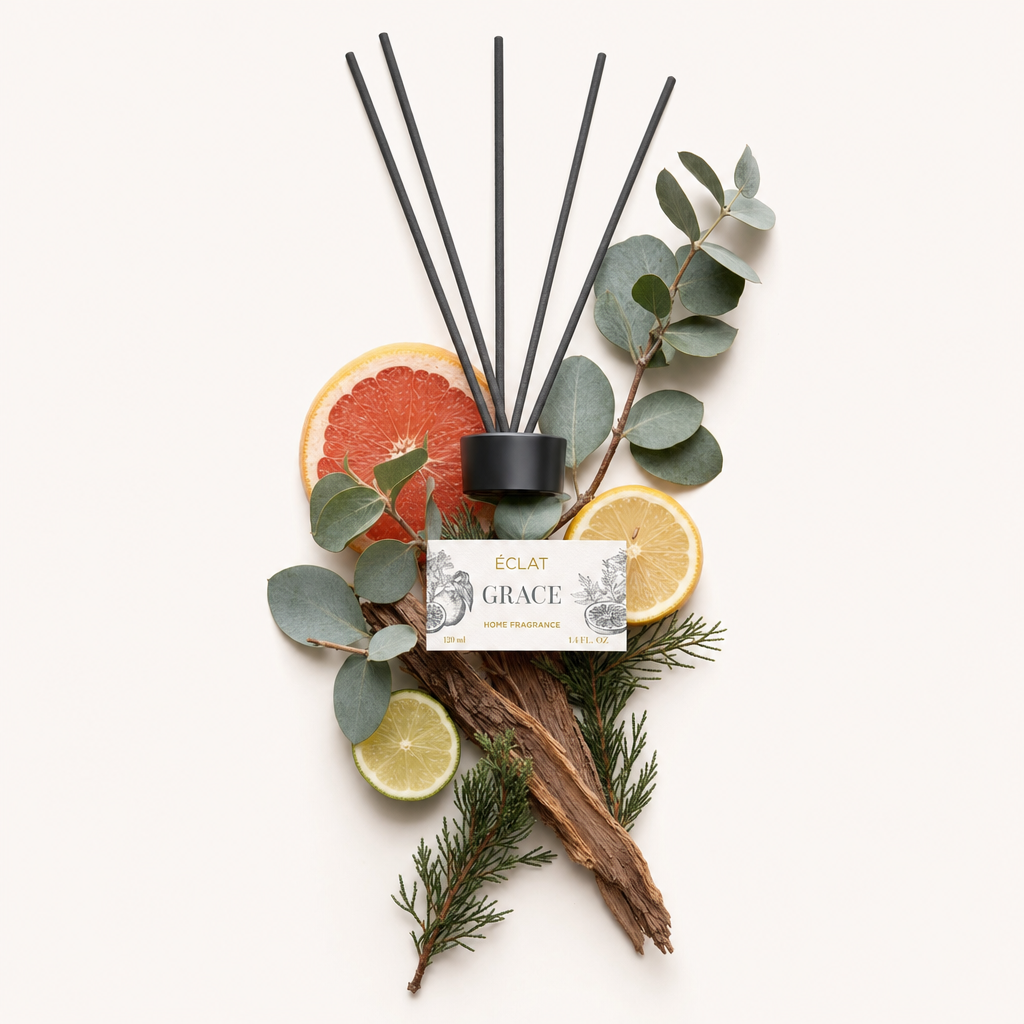 Un arrangemento di fette di pompelmo, limone, lime, foglie di eucalipto e rami di cedro circonda un cappuccio nero con etichetta ÉCLAT Grace.