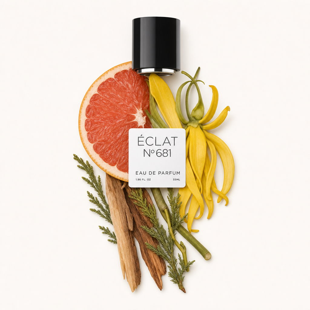 Mezzo pompelmo e fiori di ylang-ylang gialli sono disposti artisticamente con cedro e altre botaniche, sormontati dal tappo nero originale con etichetta ÉCLAT.