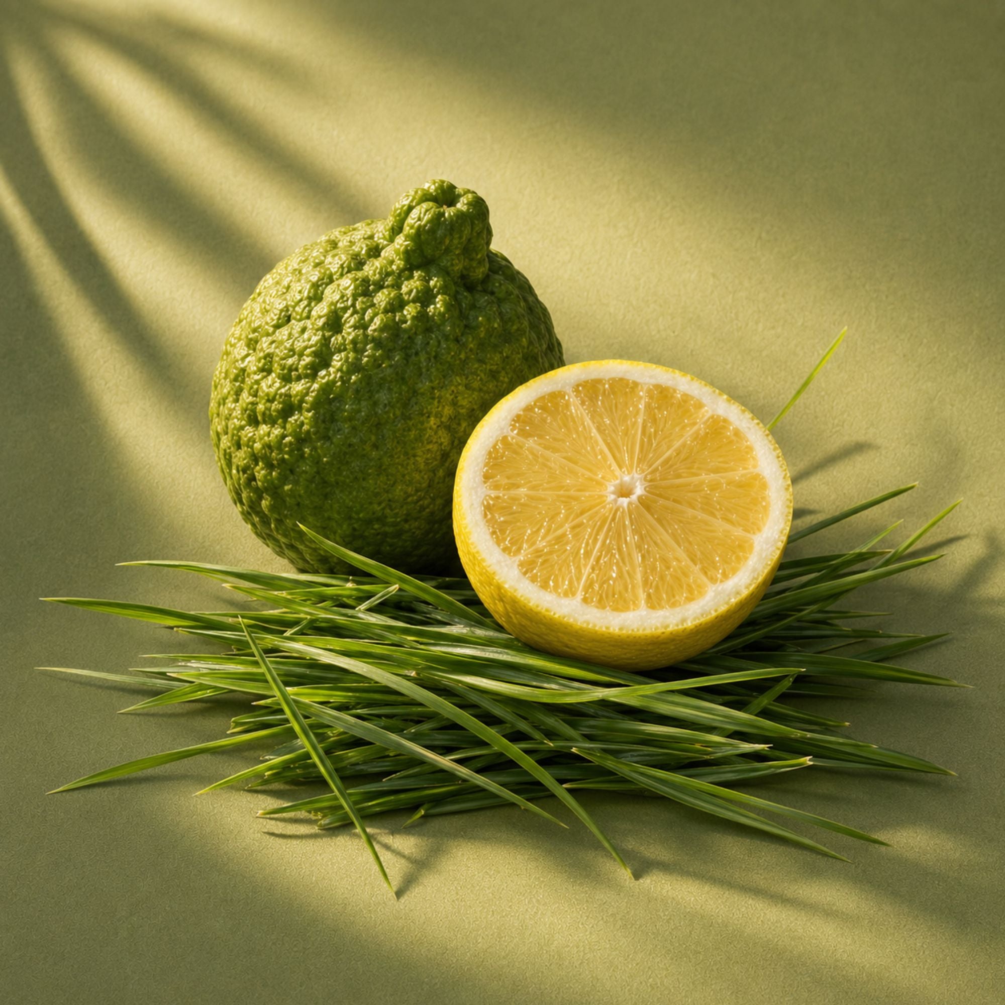 Un arrangiamento di erba verde, un cedro intero e mezzo limone su sfondo verde chiaro.