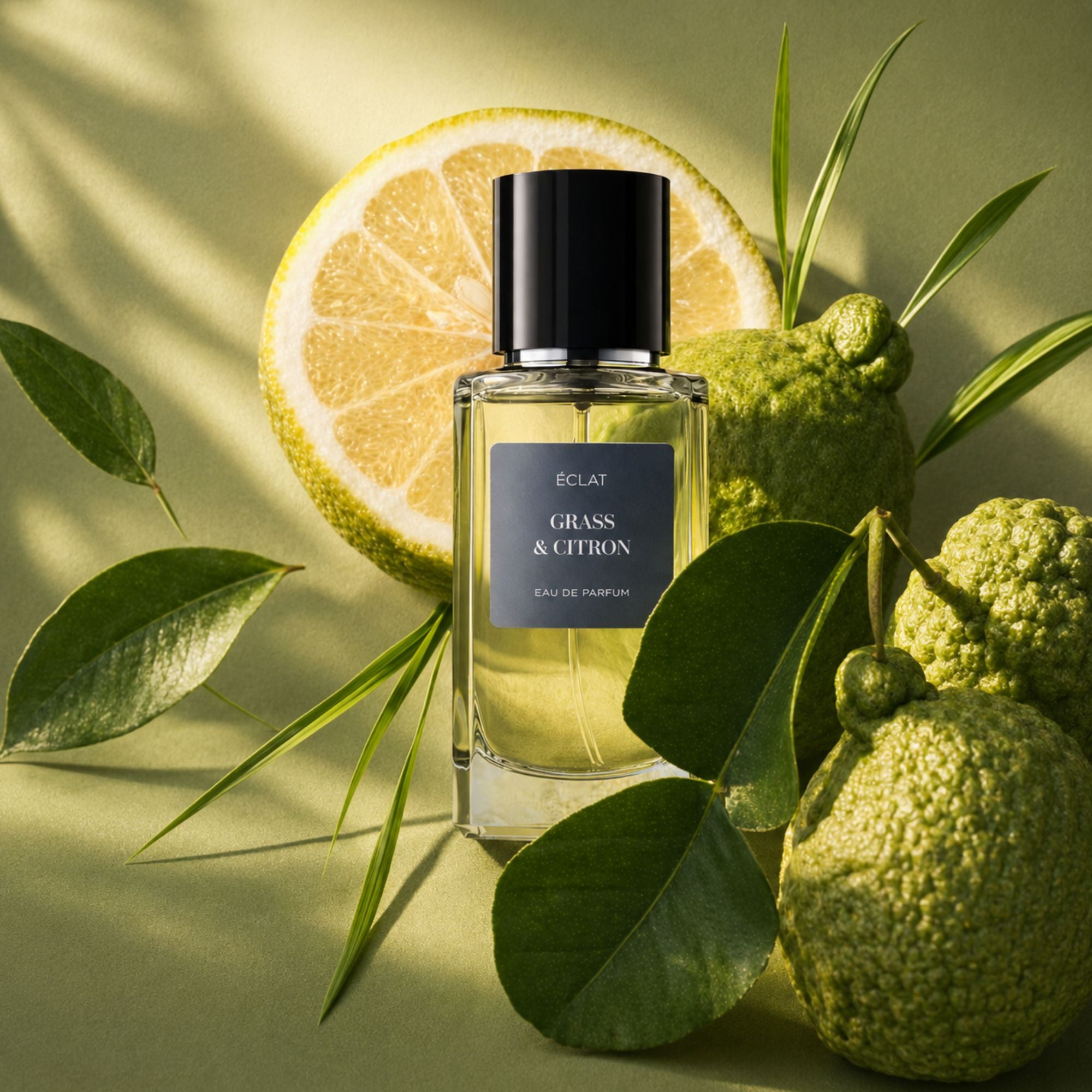 Un flacone di vetro sfaccettato di ÉCLAT Grass & Citron con tappo nero, circondato da agrumi e foglie verdi.