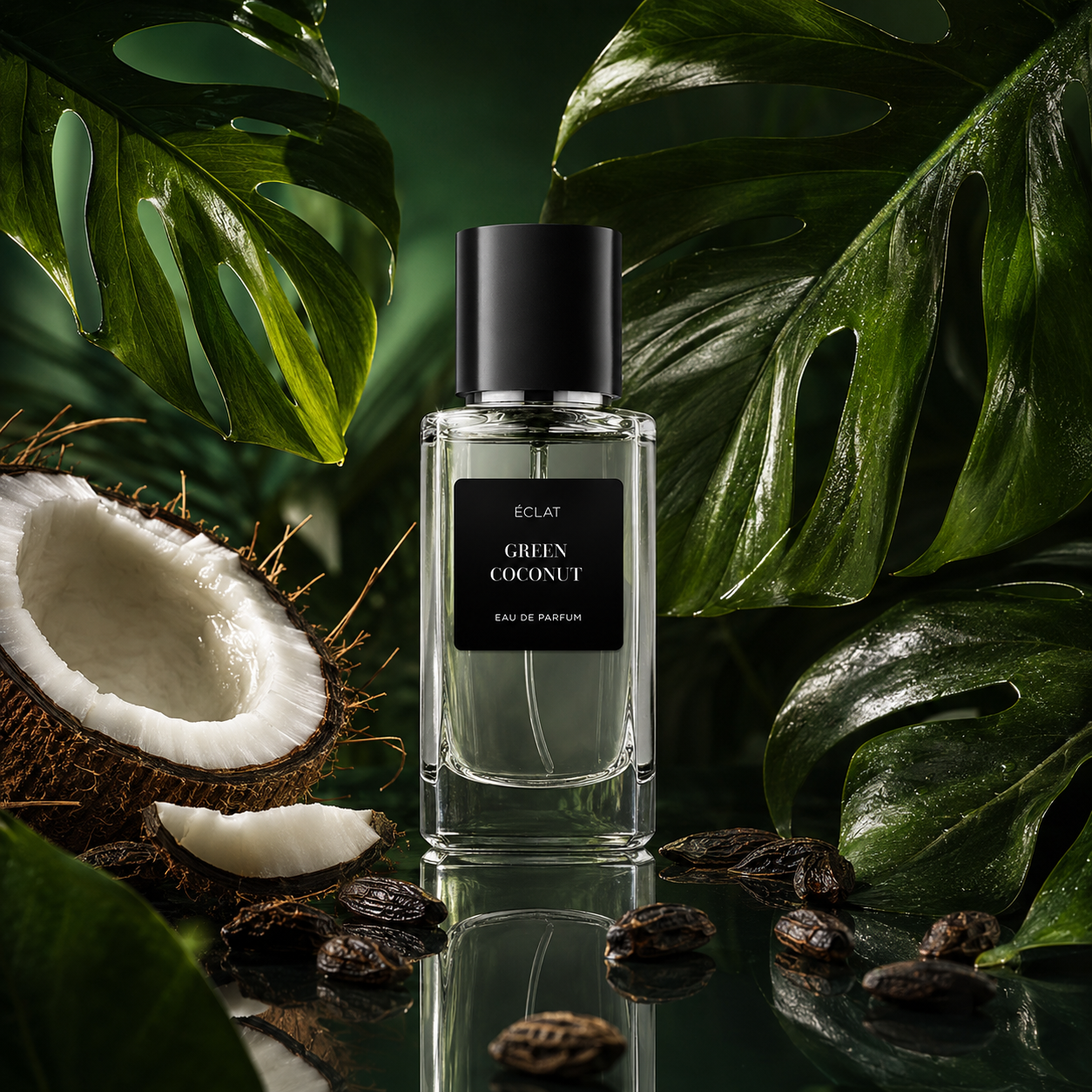 Il flacone del profumo ÉCLAT Green Coconut è circondato da lussureggianti foglie verdi e una noce di cocco divisa, catturando un'essenza tropicale.