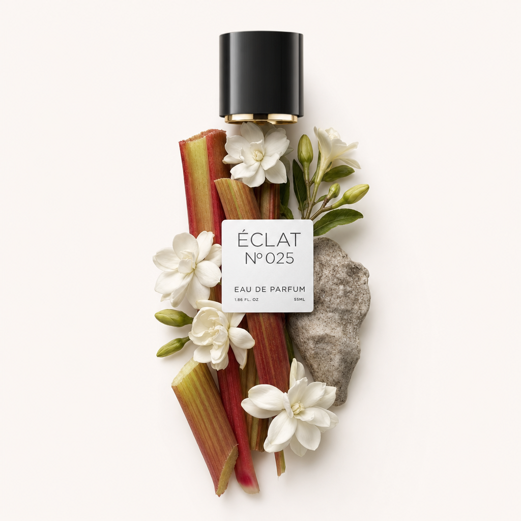 Un'elegante composizione di fiori di gardenia bianchi e foglie verdi con gambi di rabarbaro e una pietra, sormontata da un tappo nero con etichetta ÉCLAT.