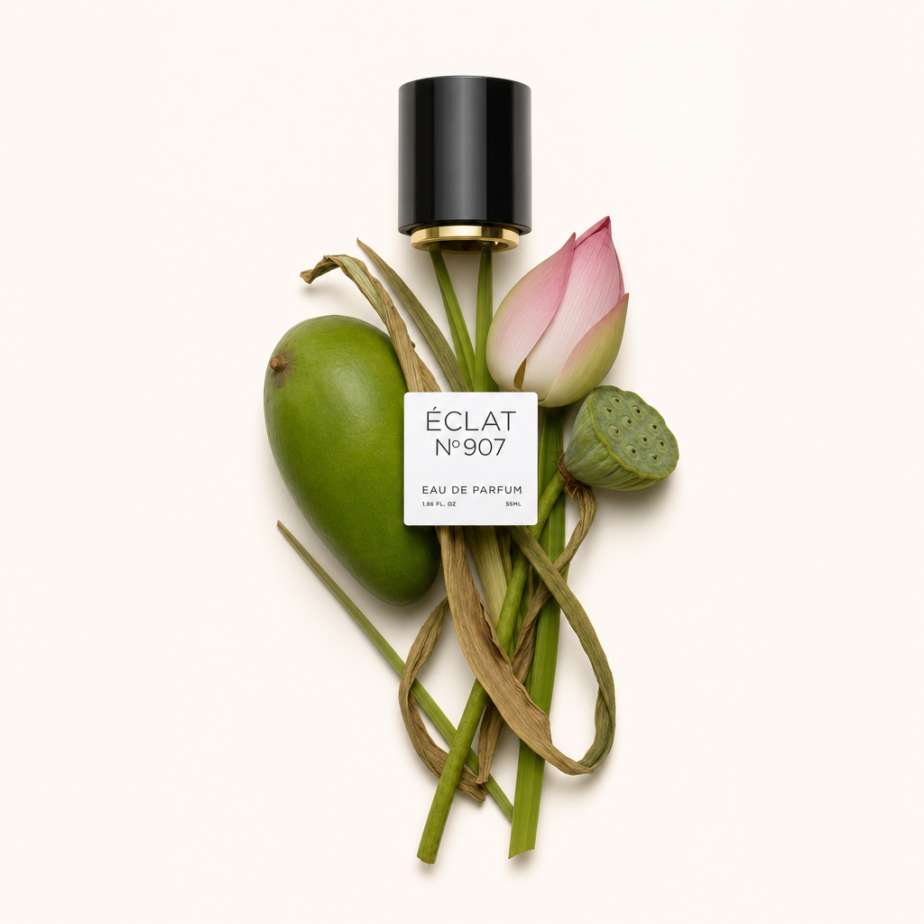 Un arrangiamento di mango verde fresco, bocciolo di loto e baccello di semi con un tappo nero etichettato ÉCLAT Green Mango & Lotus.