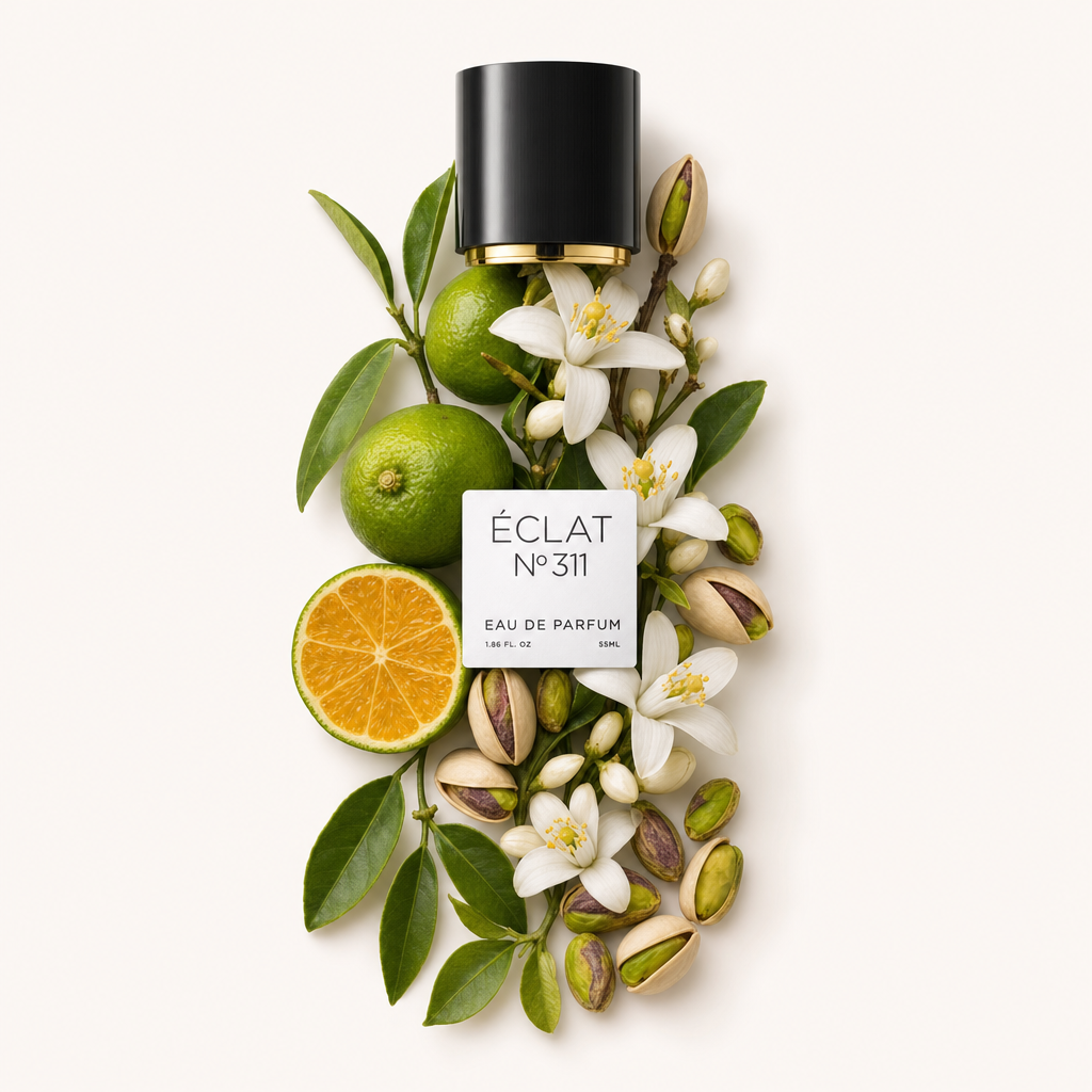 Un arrangiamento di lime, fette d'arancia, fiori bianchi e pistacchi circonda un tappo nero con etichetta ÉCLAT.