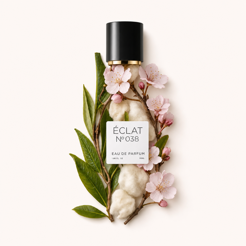 Un arrangiamento di fiori di ciliegio, foglie di tè verde e cotone circonda il tappo nero originale con accento dorato di ÉCLAT Green Tea & Cherry Blossom.