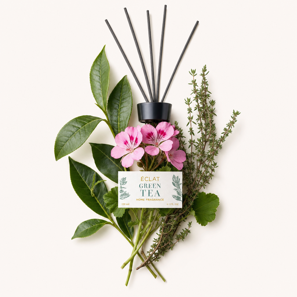 Un arrangiamento di foglie di tè verde, fiori rosa e timo circonda un tappo nero con etichetta ÉCLAT Green Tea.