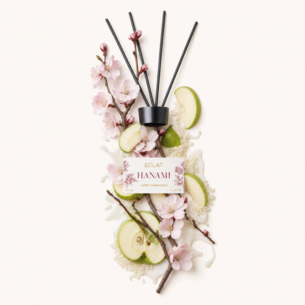 Un elegante arrangiamento di fiori di ciliegio, fette di mela e rametti legnosi circonda gli ÉCLAT Hanami Room Fragrance Sticks con tappo nero ed etichetta.