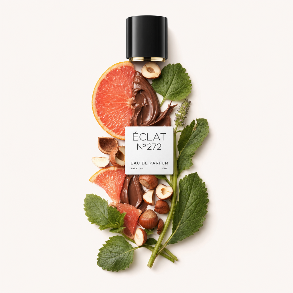 Un arrangiamento artistico di fette di pompelmo, nocciole intere e tritate, crema di cacao e foglie verdi, con il tappo originale ÉCLAT con etichetta in cima.