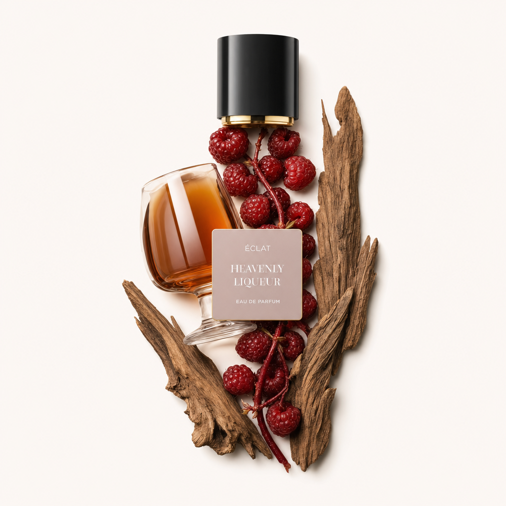 Un arrangiamento artistico di lamponi, un bicchiere mezzo pieno di liquido ambrato e bastoncini di legno circondano il tappo originale di ÉCLAT Heavenly Liqueur con etichetta.