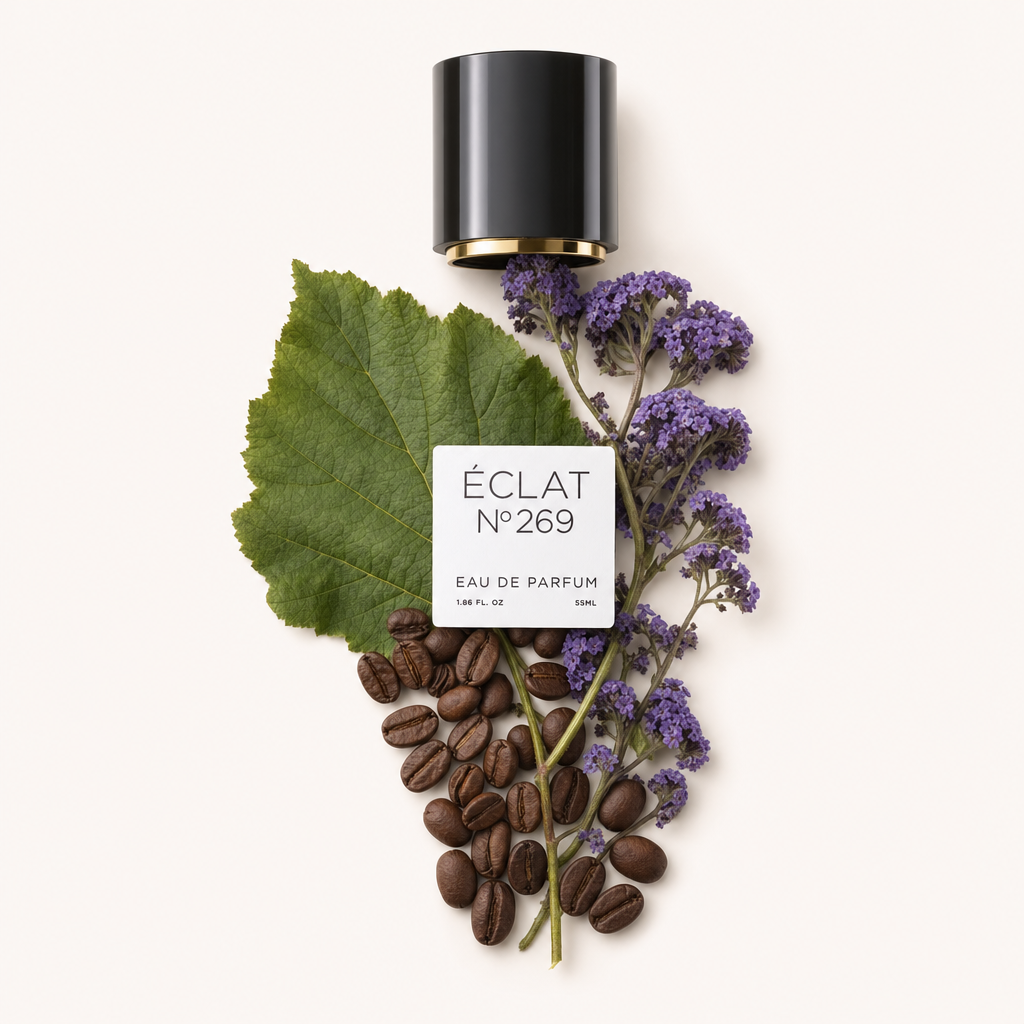 Una composizione di chicchi di caffè, grandi foglie verdi e fiori di eliotropio viola circonda un tappo cilindrico nero con un'etichetta che mostra ÉCLAT Heliotrope & Coffee.