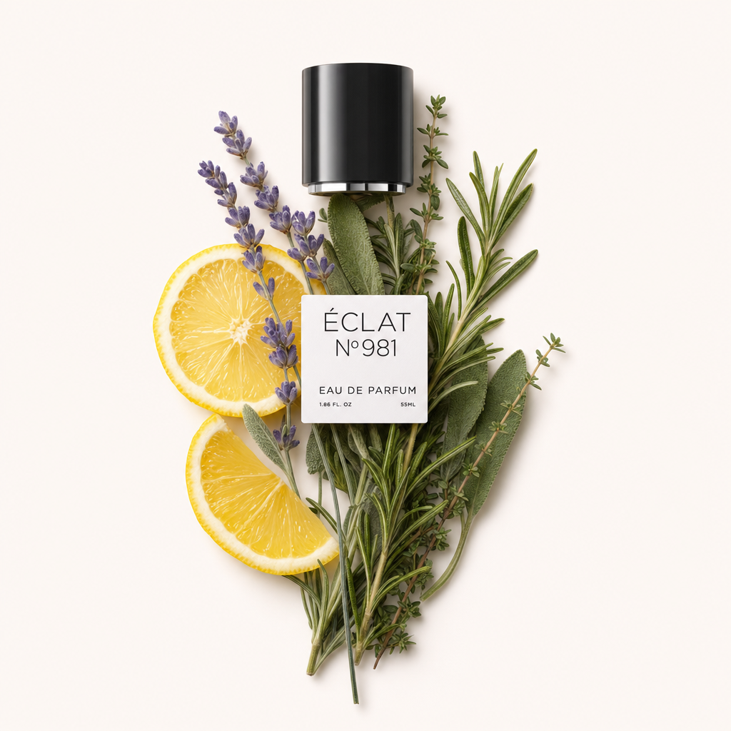 Un arrangiamento di rosmarino fresco, fette di limone, foglie di salvia e rametti di lavanda con il tappo nero originale e l'etichetta ÉCLAT sopra.