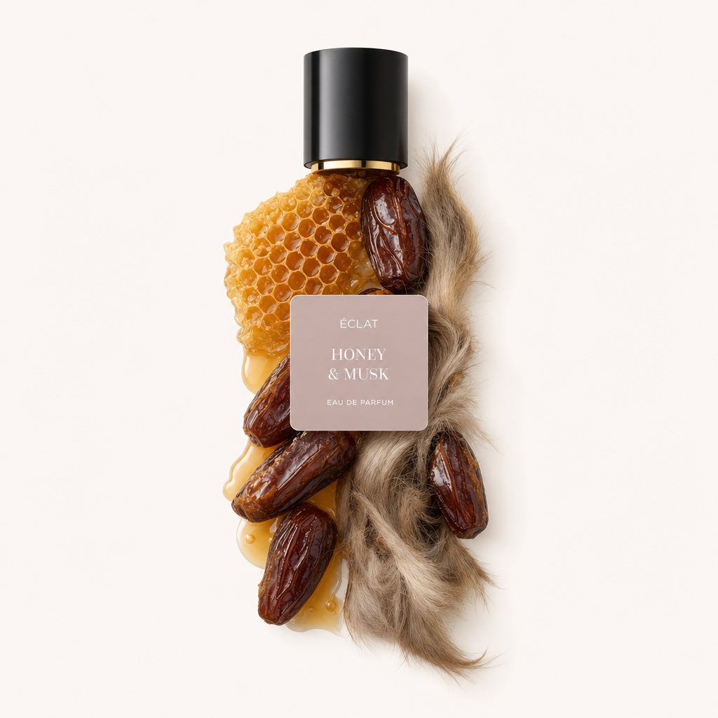 Una composizione di favo, datteri e pelliccia di muschio avvolge elegantemente il tappo nero originale con etichetta che riporta ÉCLAT Honey & Musk.