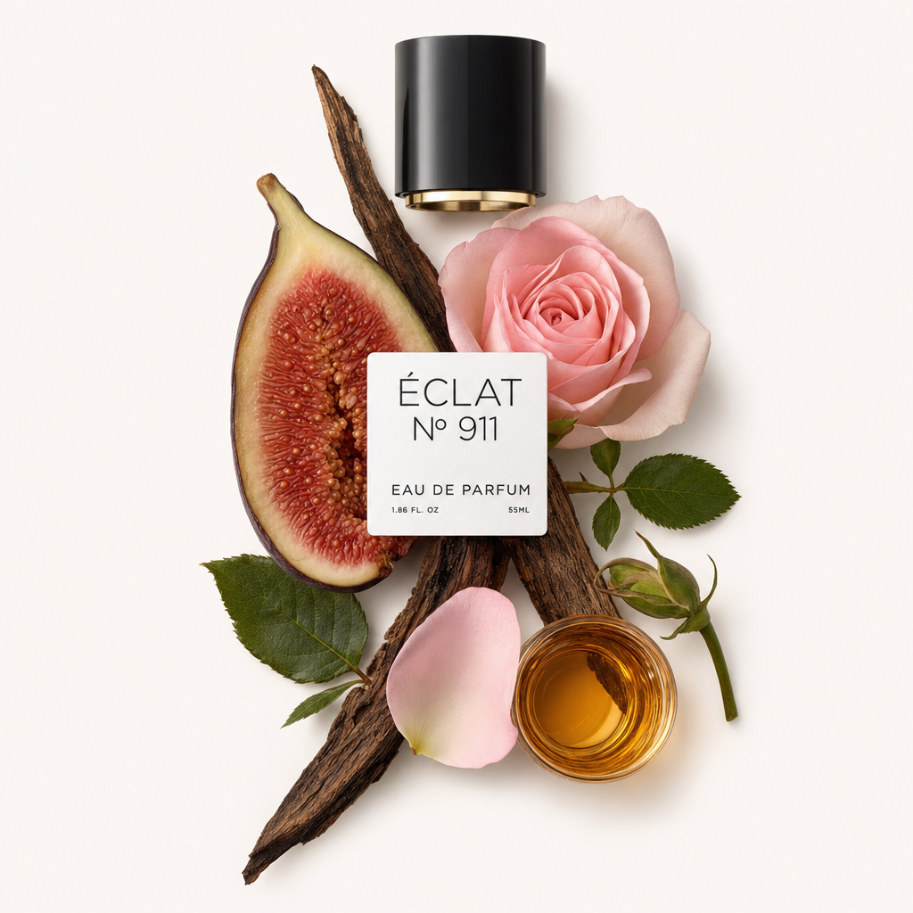 Una composizione di fichi, rosa e ingredienti di whisky con un tappo nero sopra che mostra l'etichetta ÉCLAT 911.