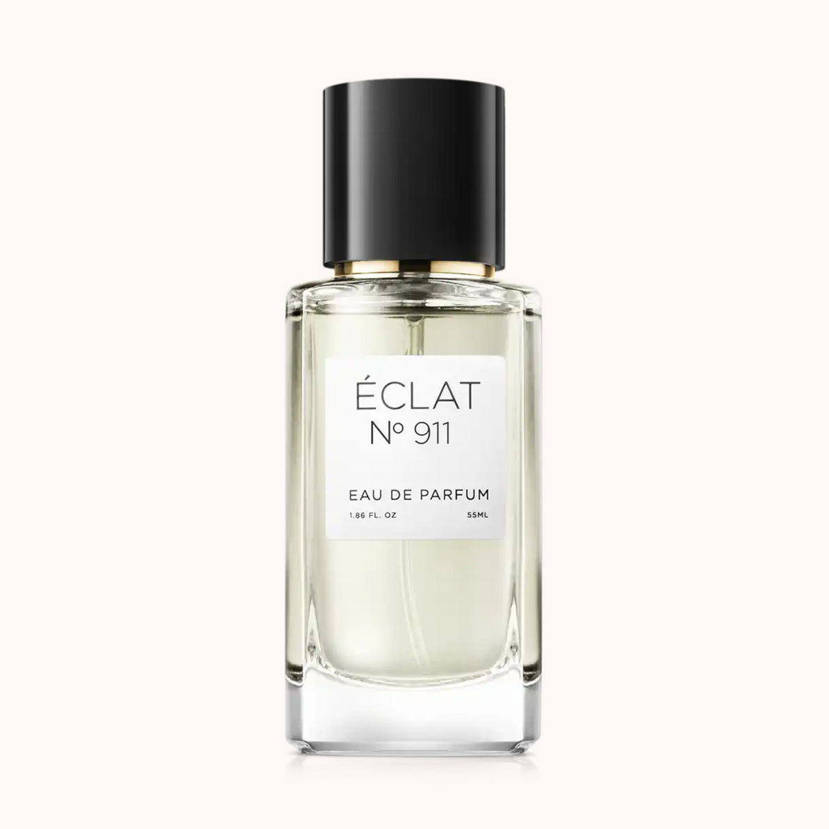 Un flacone di vetro trasparente di ÉCLAT VIP - Honey, Whiskey & Rose con un elegante tappo nero e un'etichetta bianca minimalista.