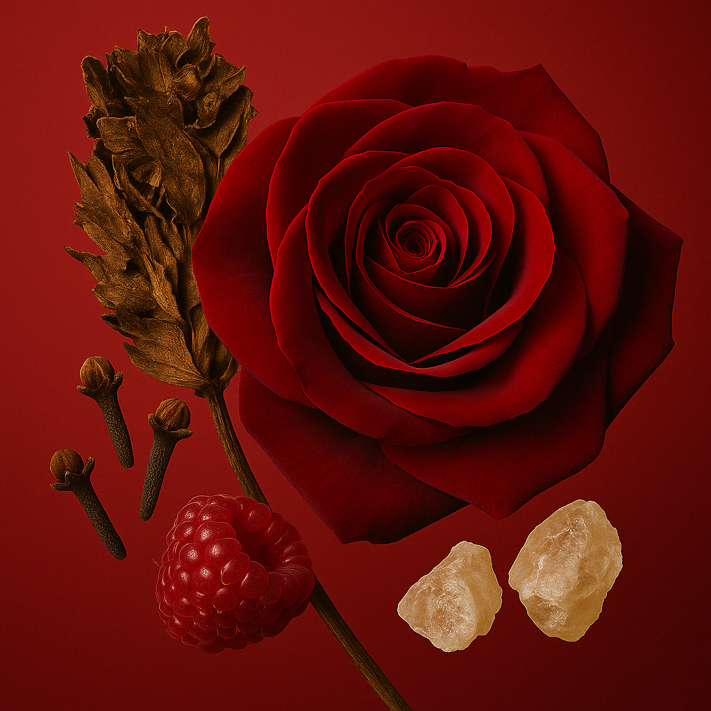 Una ricca composizione di una rosa rossa, spezie essiccate, lamponi e resina, su uno sfondo rosso abbinato, che rappresenta ÉCLAT VIP Incense, Rose & Spices.