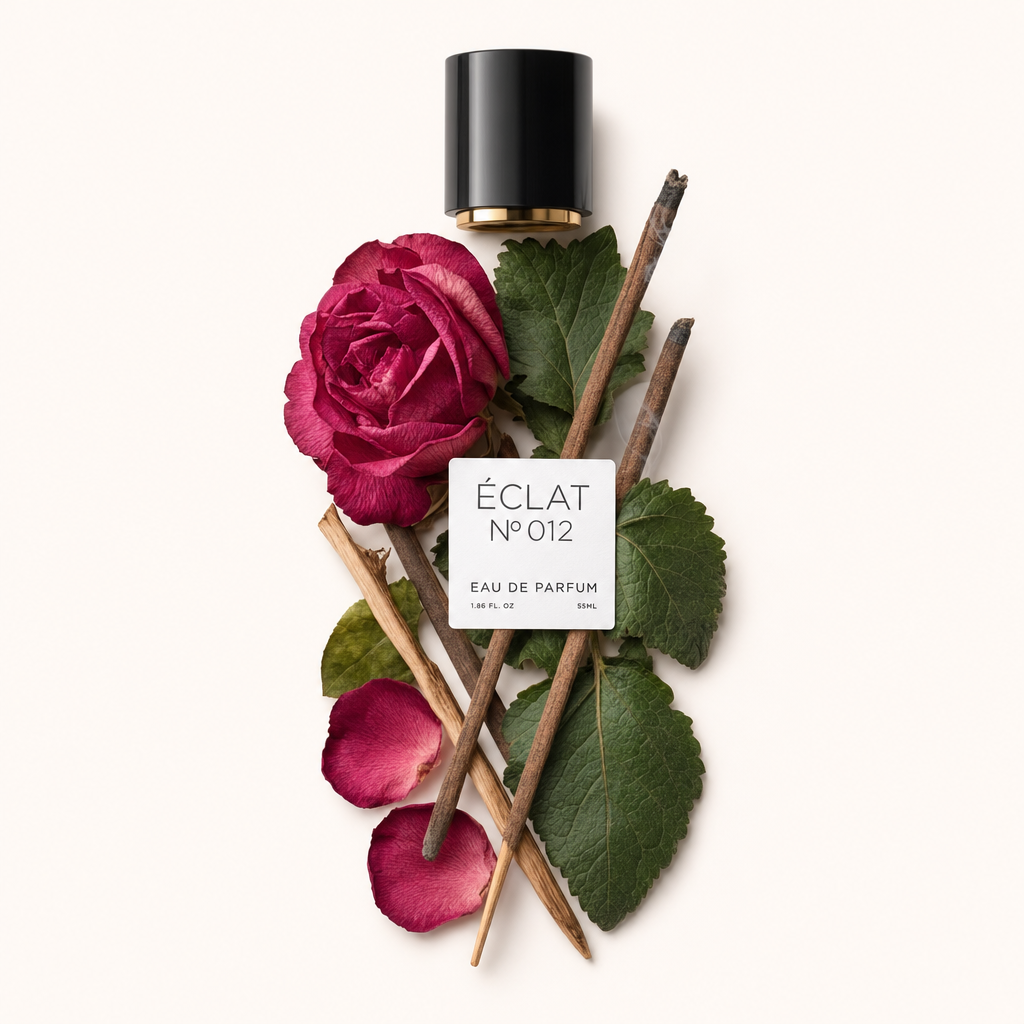 Un arrangiamento di bastoncini d'incenso, una rosa rossa vivace, petali e foglie rigogliose presenta le note di profumo di ÉCLAT VIP - Incense, Rose & Spices, con un tappo nero etichettato in alto.