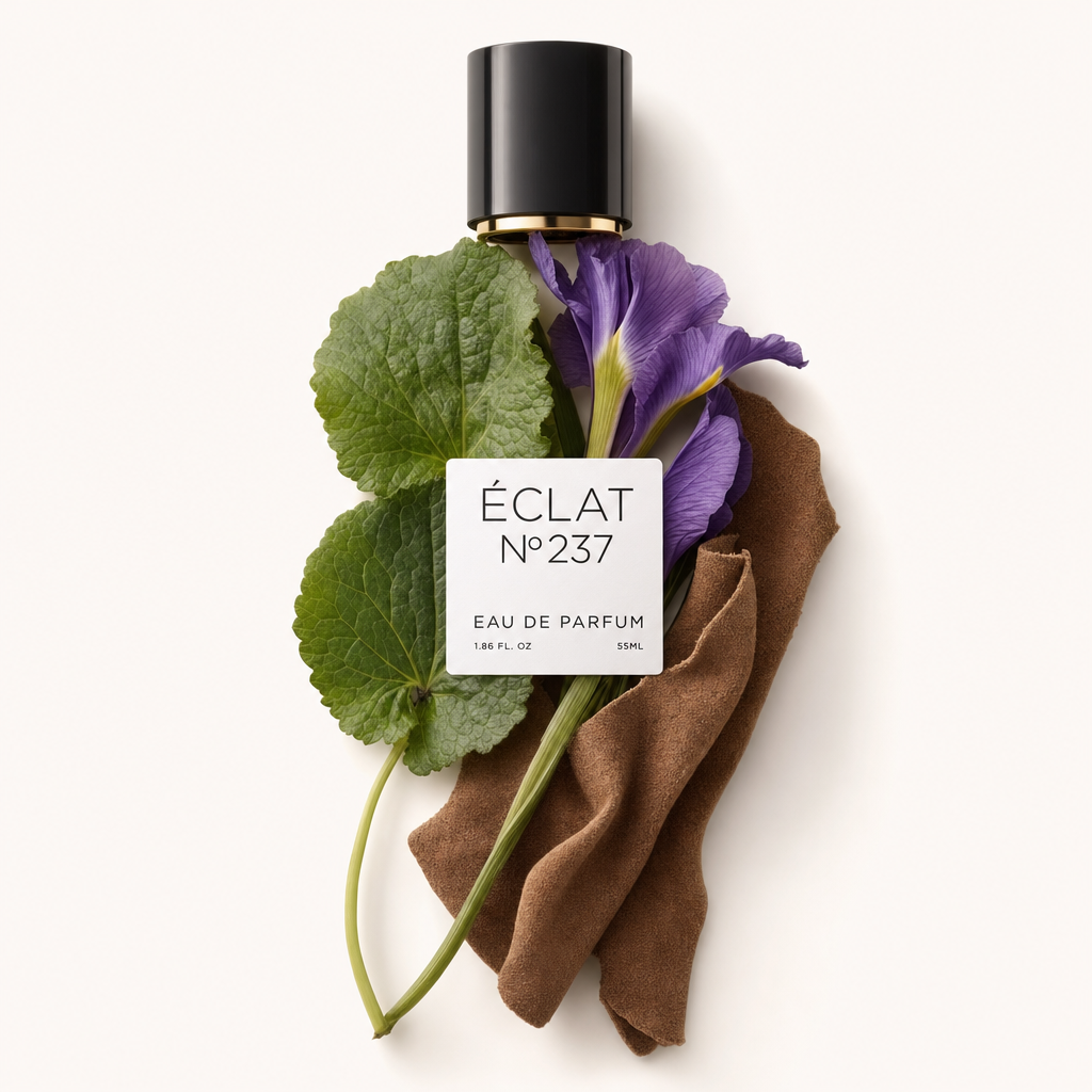 Un arrangiamento di fiore di iris, foglie verdi e tessuto scamosciato, con il tappo nero originale di ÉCLAT con etichetta.