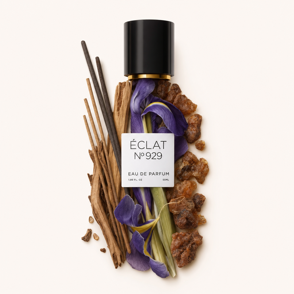 Un arrangiamento di bastoncini di incenso, fiori d'iris viola e resina d'ambra circonda un tappo nero con etichetta ÉCLAT Iris & Incense.