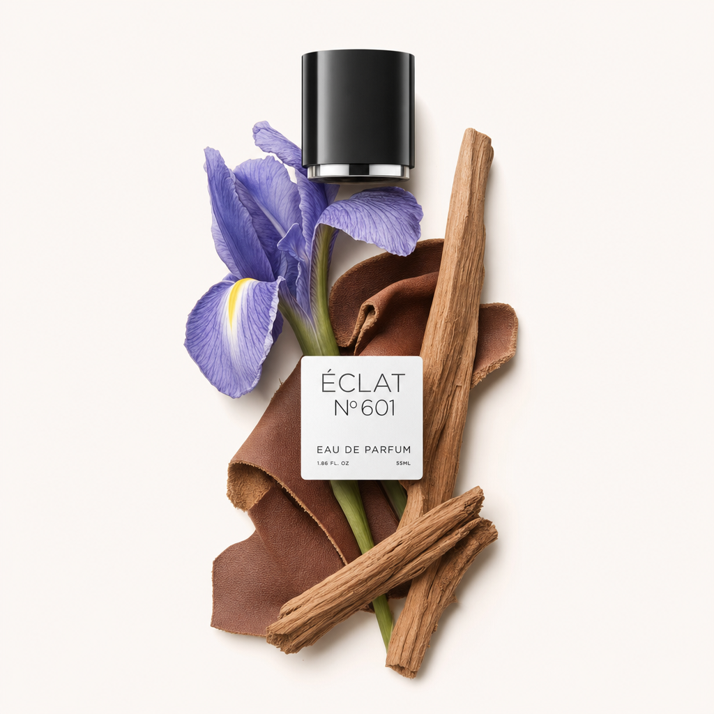 Una composizione di natura morta con un fiore di iris viola, pelle strutturata ed elementi in legno, con un tappo nero con etichetta ÉCLAT No. 601.
