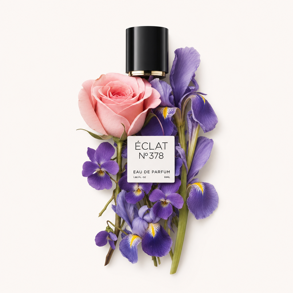 Un tappo nero con etichetta ÉCLAT 378 è elegantemente posizionato su un arrangiamento di rose rosa, iris viola e violette.