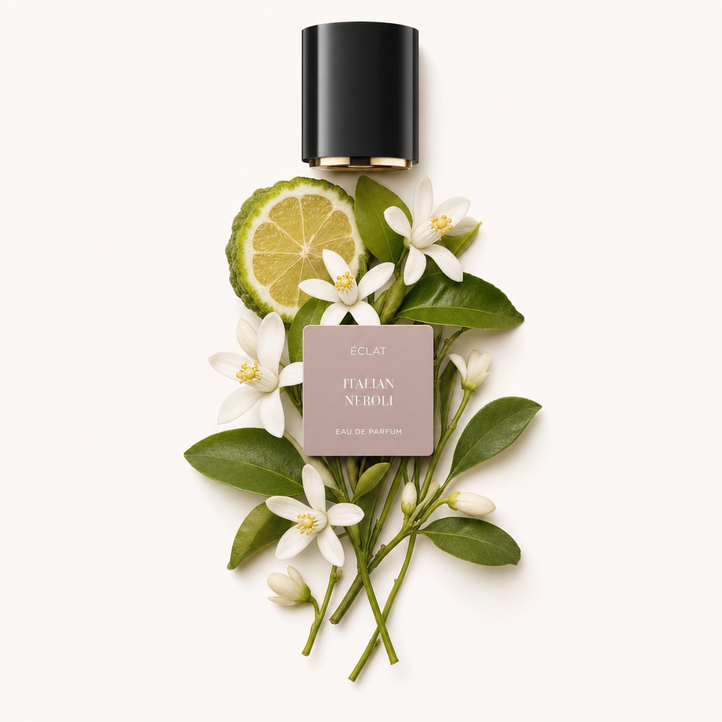 Un arrangiamento di fiori bianchi e foglie verdi con una fetta di agrume, accompagnato da un tappo nero con etichetta per ÉCLAT Italian Neroli.