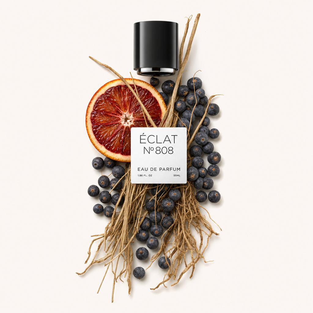 Un arrangemento con bacche di ginepro, mezza arancia rossa e radici essiccate circonda un tappo nero con etichetta per ÉCLAT Juniper Berry & Blood Orange.