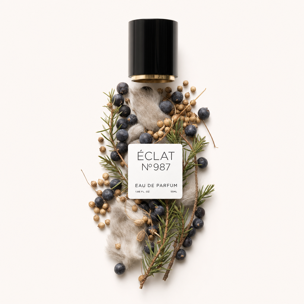 Una composizione armoniosa di bacche di ginepro, botanici essiccati e verde morbido circonda un tappo nero con dettagli dorati e un'etichetta per ÉCLAT Juniper Berry & Musk.