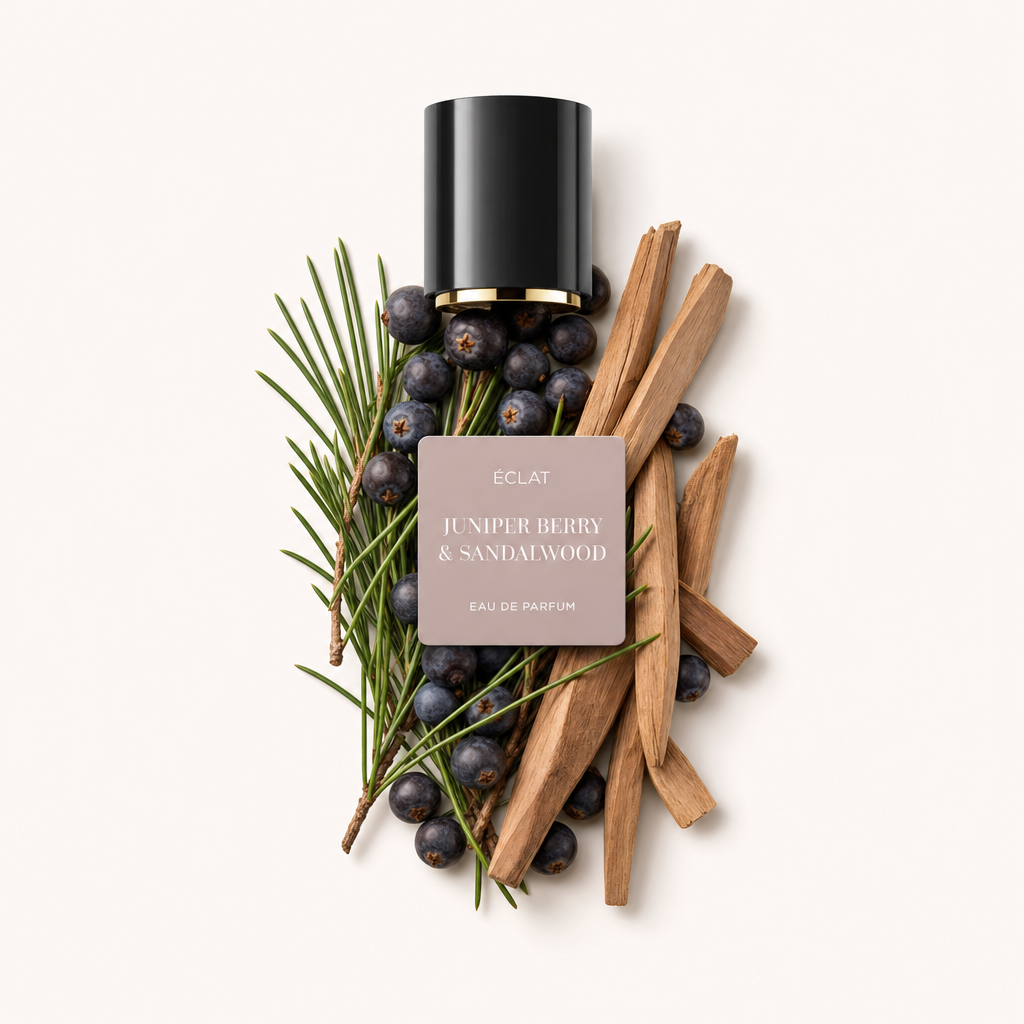 Una composizione di bacche di ginepro e bastoncini di sandalo circonda un tappo nero con etichetta ÉCLAT Juniper Berry & Sandalwood.