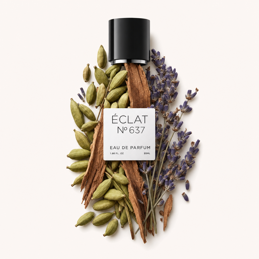 Un arrangiamento di rametti di lavanda fresca, baccelli di cardamomo e bastoncini di cannella circonda un tappo nero con etichetta ÉCLAT.