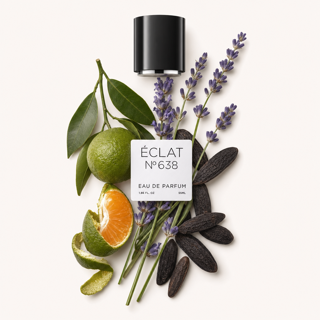 Una composizione di rametti di lavanda, fave tonka e bucce di agrumi con un tappo nero ÉCLAT etichettato con ÉCLAT Lavender & Tonka Bean.