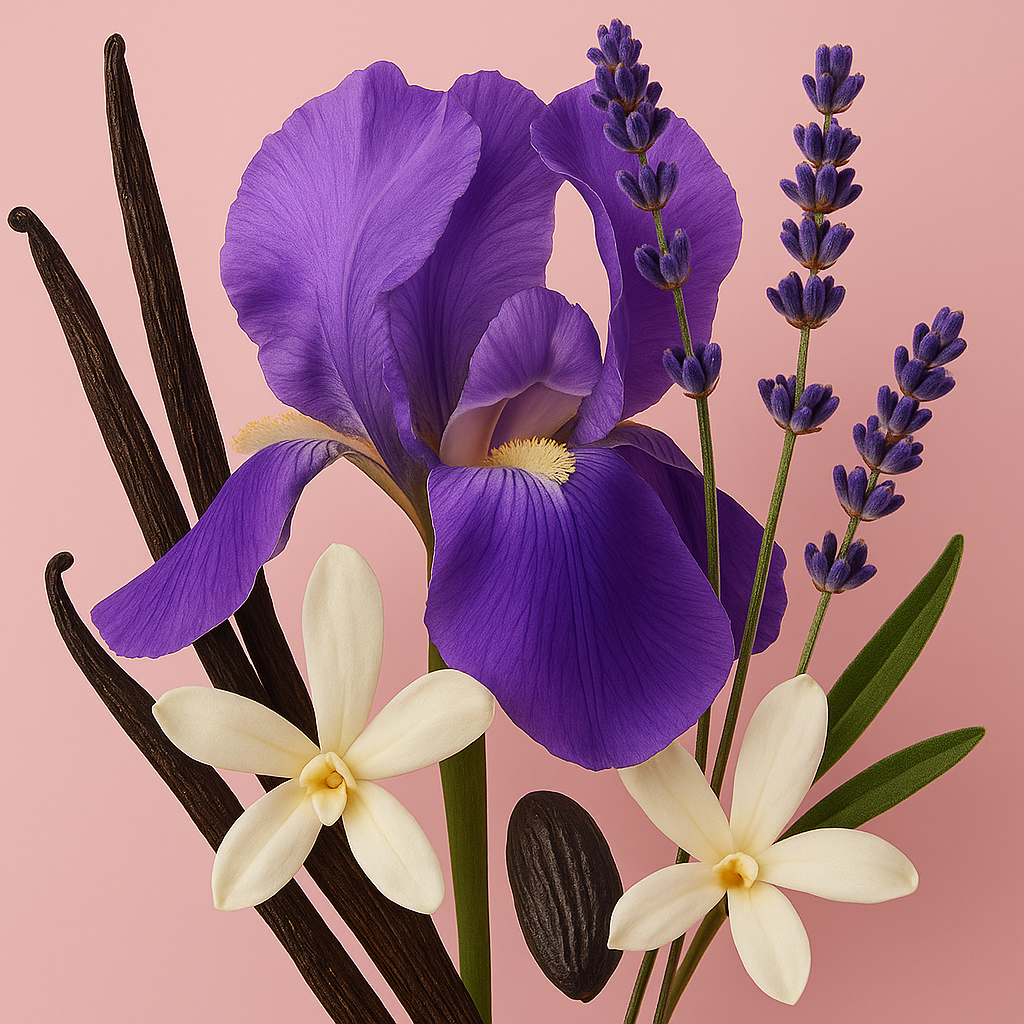 Una composizione di iris, lavanda, baccelli di vaniglia e fiori bianchi su sfondo rosa che simboleggia ÉCLAT Lavender & Vanilla.