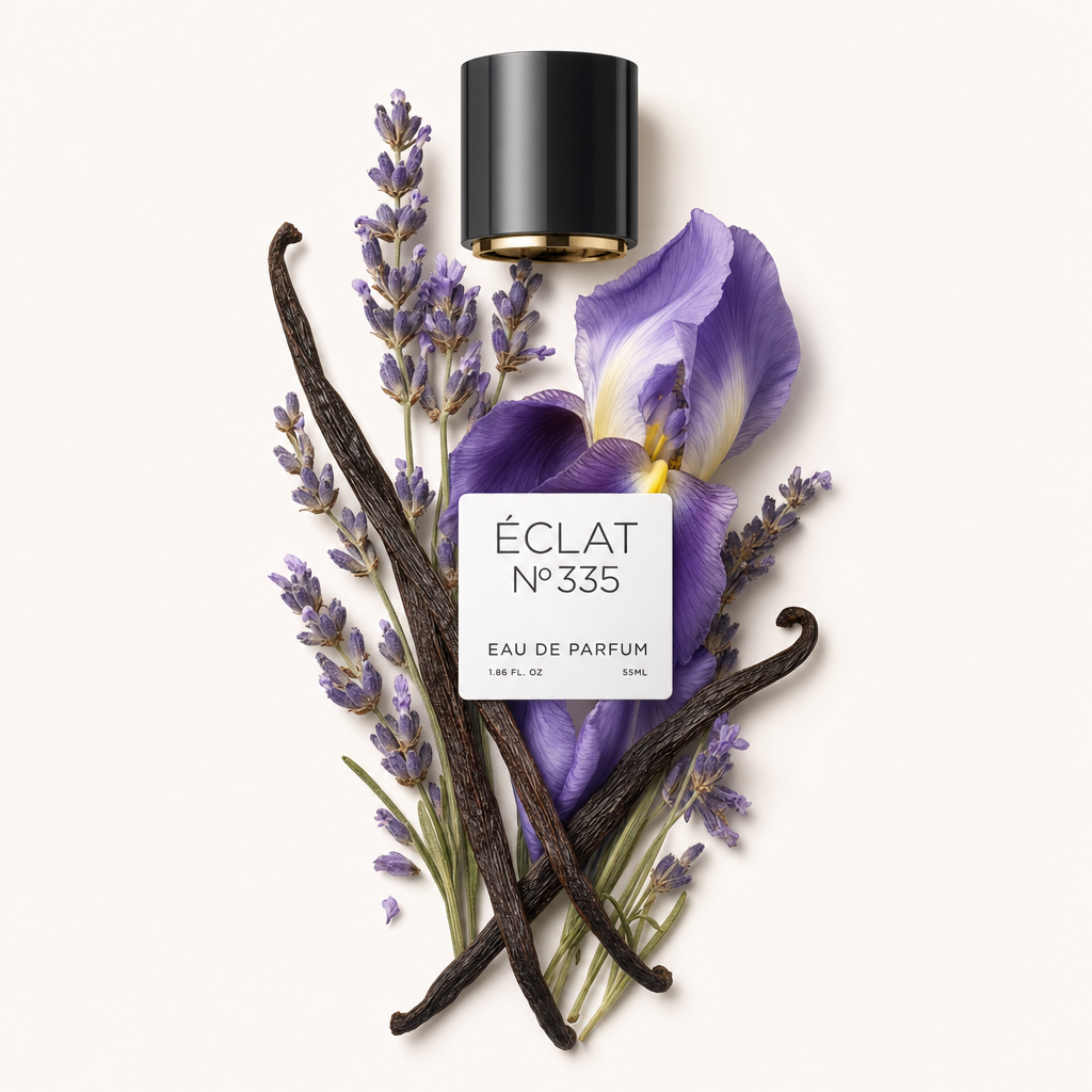 Un arrangiamento di rametti di lavanda, bacche di vaniglia e un fiore viola circonda un tappo nero con etichetta, rappresentando ÉCLAT Lavender & Vanilla.