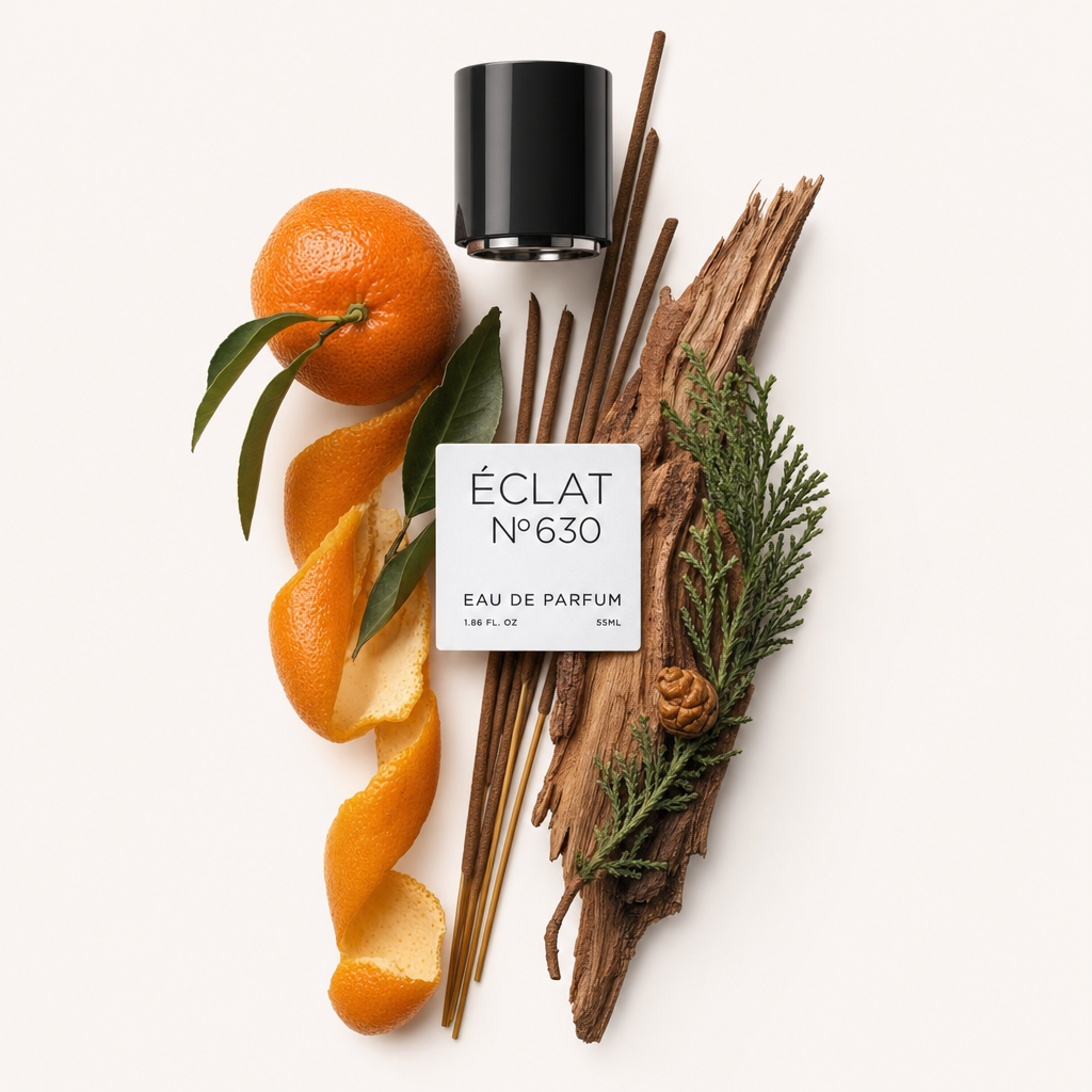 Una composizione di legno di cedro, cipresso, incenso e un'arancia fresca con buccia, accanto al tappo e etichetta di ÉCLAT Leathery Cedar.