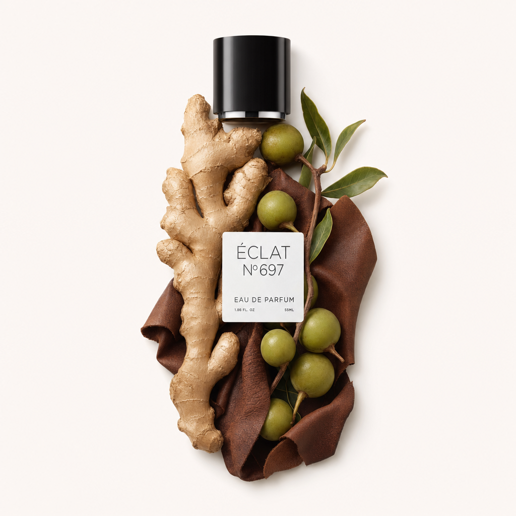 Una composizione di natura morta con radice di zenzero, olive verdi e foglie su pelle marrone con tappo nero ed etichetta ÉCLAT Leathery Ginger.