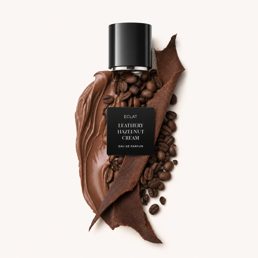 L'immagine mostra una disposizione di chicchi di caffè, una crema di nocciole e una striscia di pelle, sormontata da un tappo nero con etichetta ÉCLAT Leathery Hazelnut Cream.