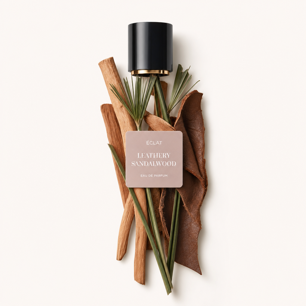 Una composizione di bastoncini di sandalo, foglie di cuoio e erba verde circonda un tappo nero etichettato con ÉCLAT Leathery Sandalwood.