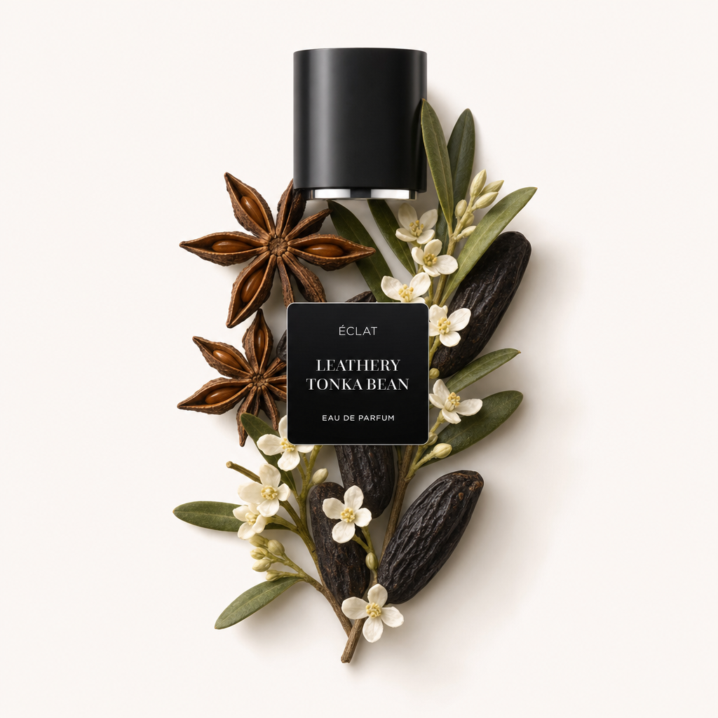 Un arrangiamento di anice stellato, fagioli tonka e delicati fiori bianchi circonda il tappo nero originale con etichetta di ÉCLAT Leathery Tonka Bean.