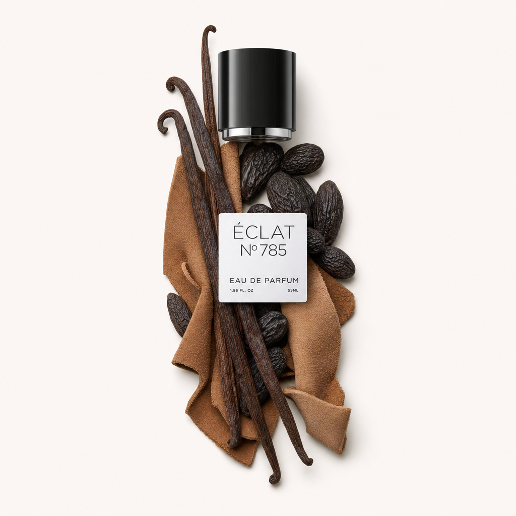 Un arrangiamento di baccelli di vaniglia, fagioli tonka e un pezzo di pelle circonda il tappo nero con etichetta di ÉCLAT Leathery Vanilla.
