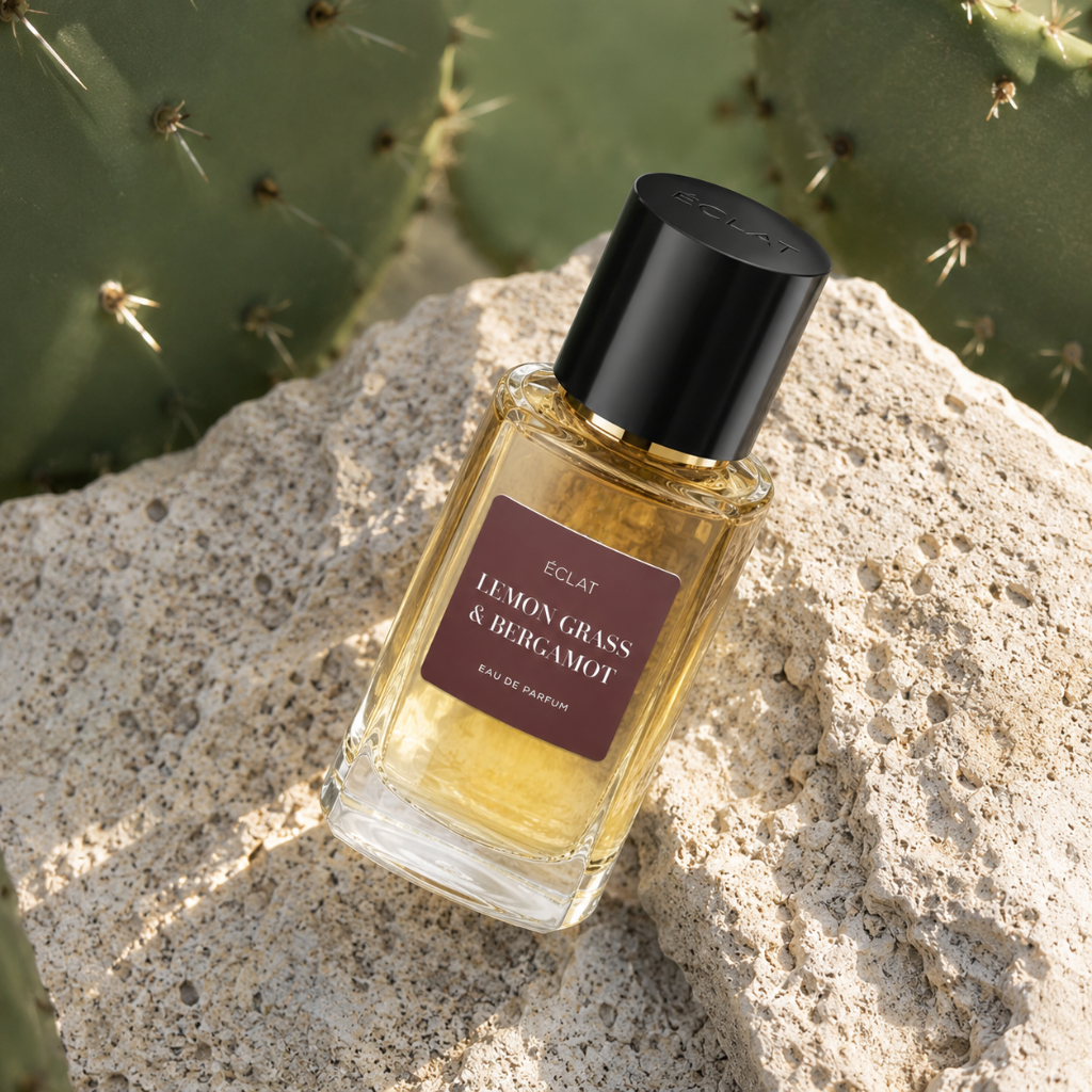 ÉCLAT Lemon Grass & Bergamot RAR in un flacone di vetro sfaccettato con tappo nero, posizionato su pietra testurizzata con cactus sullo sfondo.
