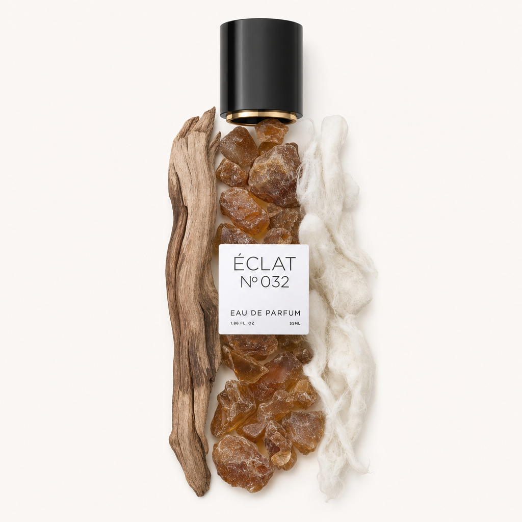 Una composizione di materie prime con un pezzo di legno flottante, pietre d'ambra e fibre di cotone bianco, sormontata da un tappo nero con etichetta ÉCLAT.