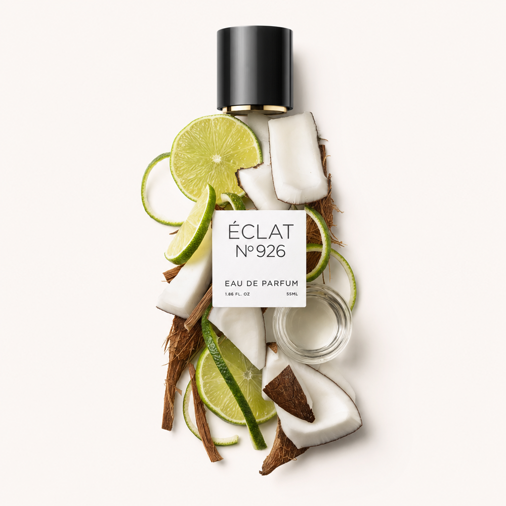 Un arrangiamento di fette di lime e pezzi di cocco circonda un tappo nero etichettato ÉCLAT Lime & Coconut.