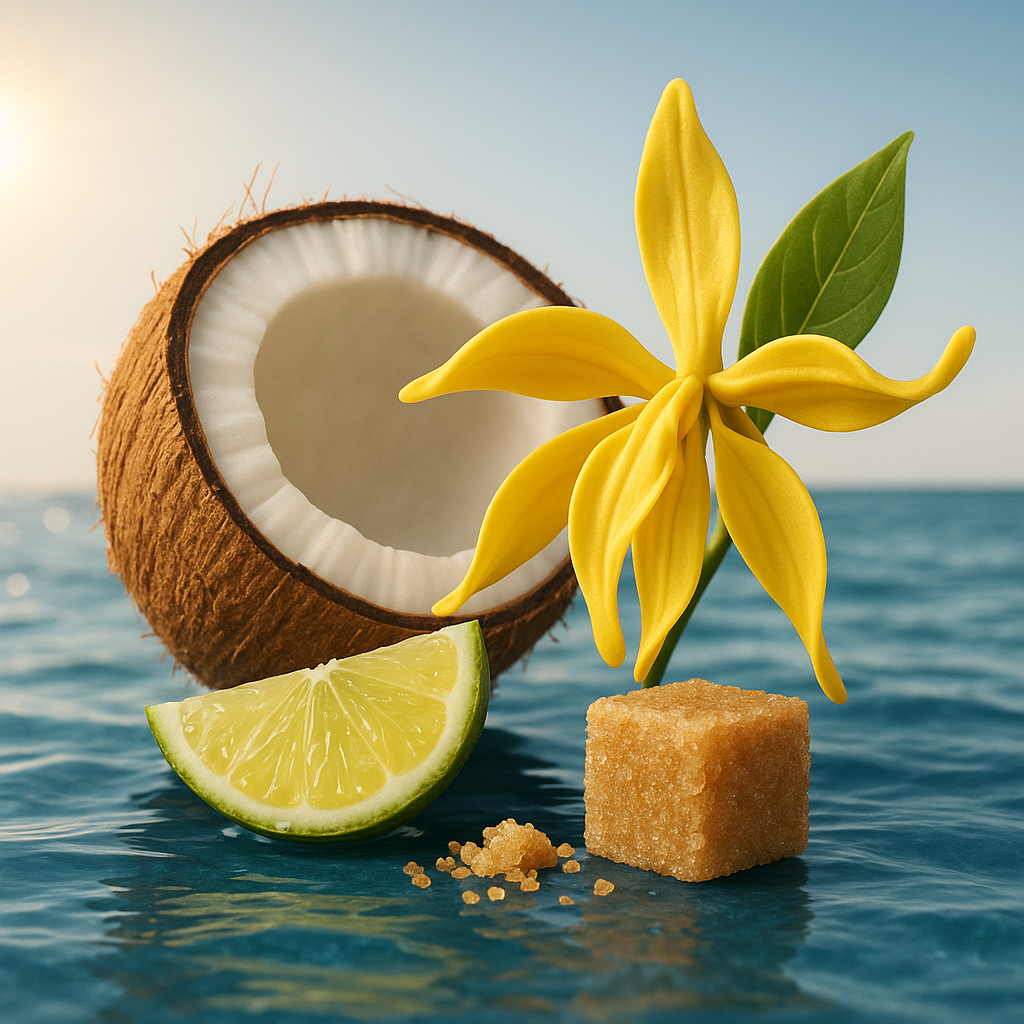 Una mezza noce di cocco, una fetta di lime, un fiore giallo e un cubo di zucchero di canna su una superficie blu riflettente.