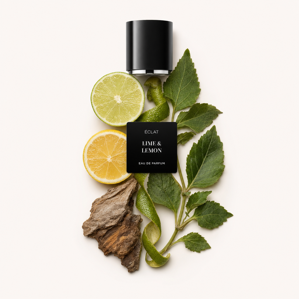 Un arrangiamento di lime e limone a fette, corteccia e foglie verdi intorno a un tappo nero con etichetta ÉCLAT Lime & Lemon.
