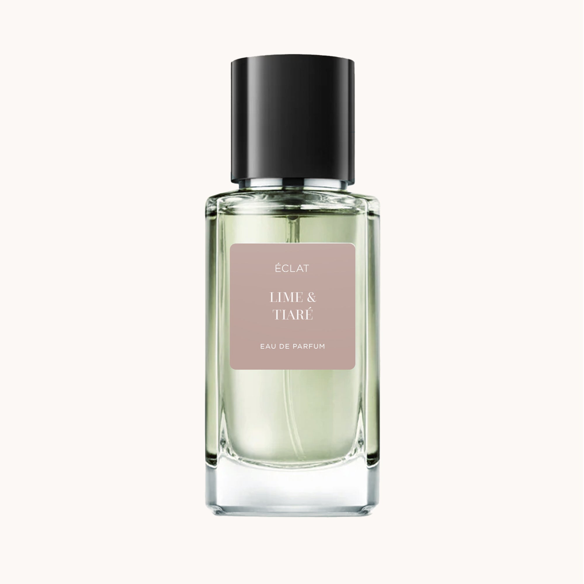 Fragranza ÉCLAT Lime & Tiaré VIP in un flacone di vetro trasparente con tappo nero ed etichetta beige.