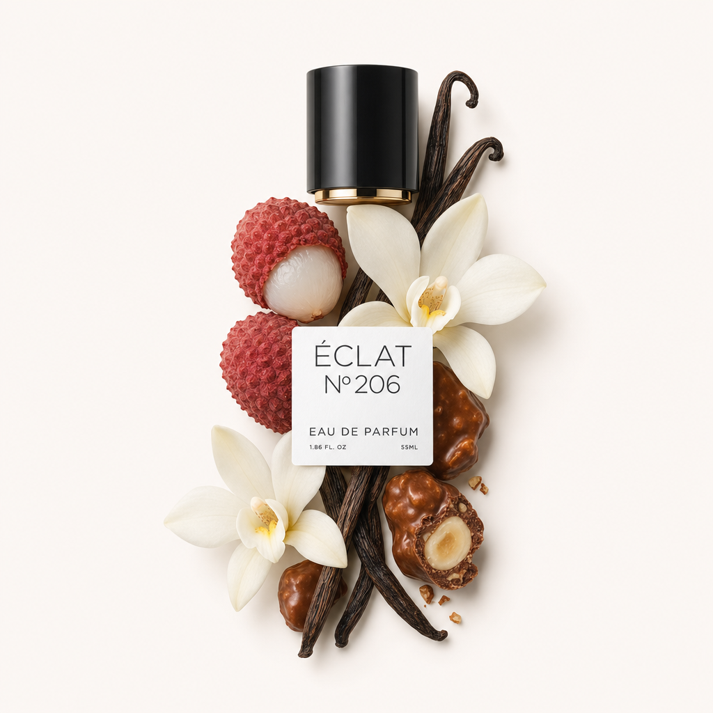 Un arrangiamento di litchi, fiori di vaniglia e pralinato circonda il tappo nero di ÉCLAT Lychee & Praline, con etichetta.