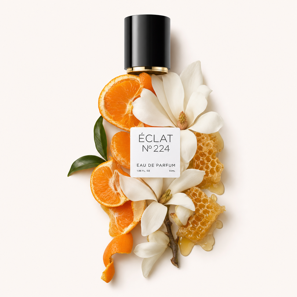 Un arrangiamento di fiori di magnolia, favo e fette d'arancia circonda un tappo nero con etichetta di ÉCLAT Magnolia & Honey.