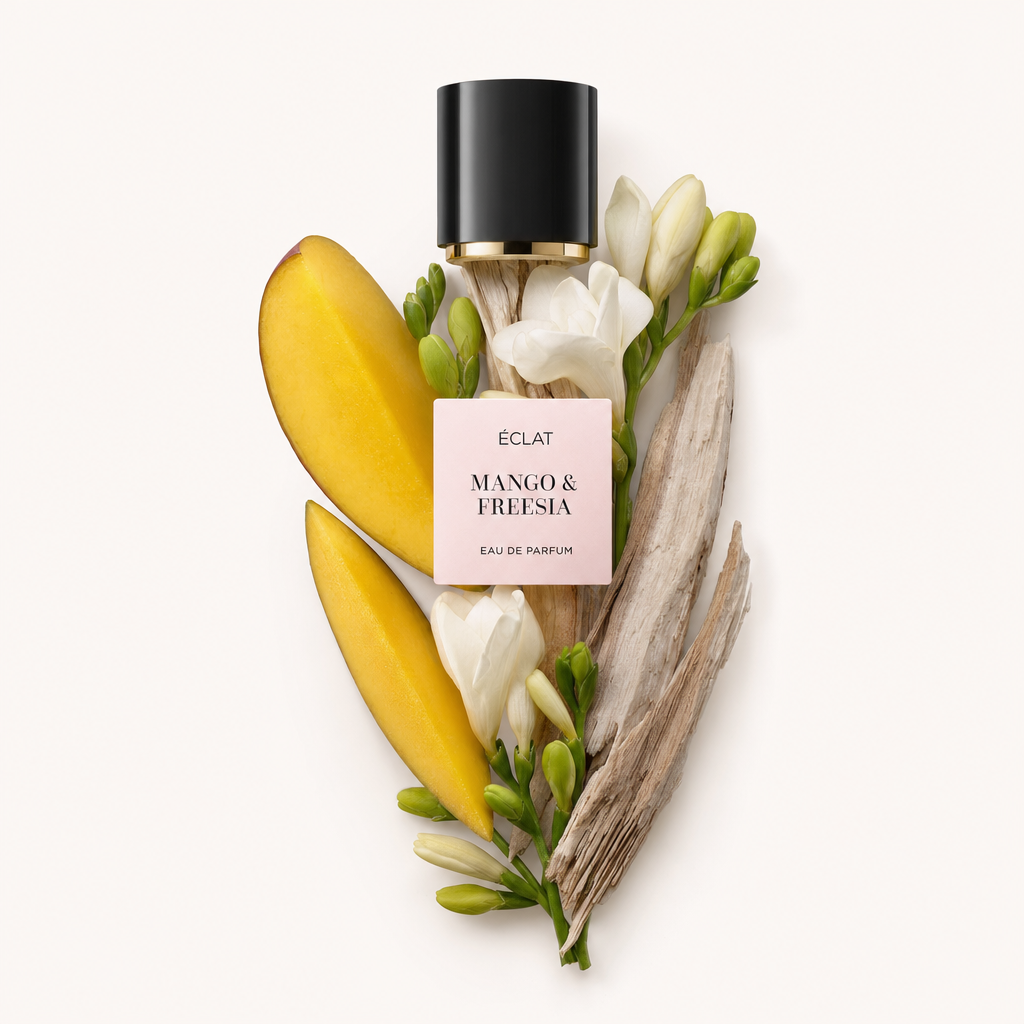 Un arrangiamento di fette di mango fresco, fiori di fresia e legno alla deriva circonda un tappo nero con accento dorato e un'etichetta ÉCLAT Mango & Freesia.