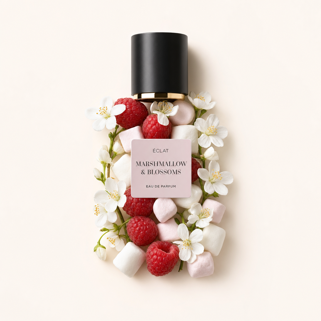 Un arrangiamento di fiori bianchi, lamponi e marshmallow circonda un tappo nero con etichetta per ÉCLAT Marshmallow & Blossoms.