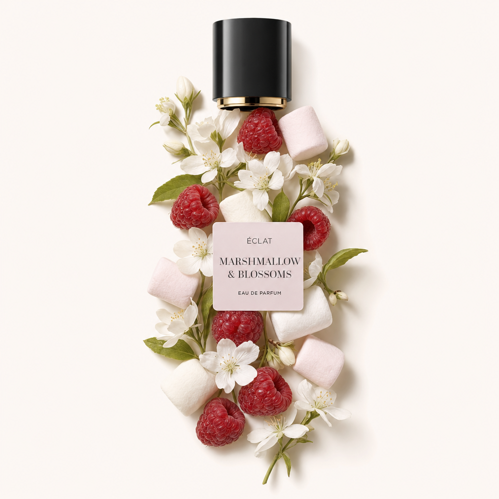 Un arrangiamento di marshmallow, lamponi e delicati fiori circonda un tappo nero con un'etichetta per ÉCLAT Marshmallow & Blossoms.
